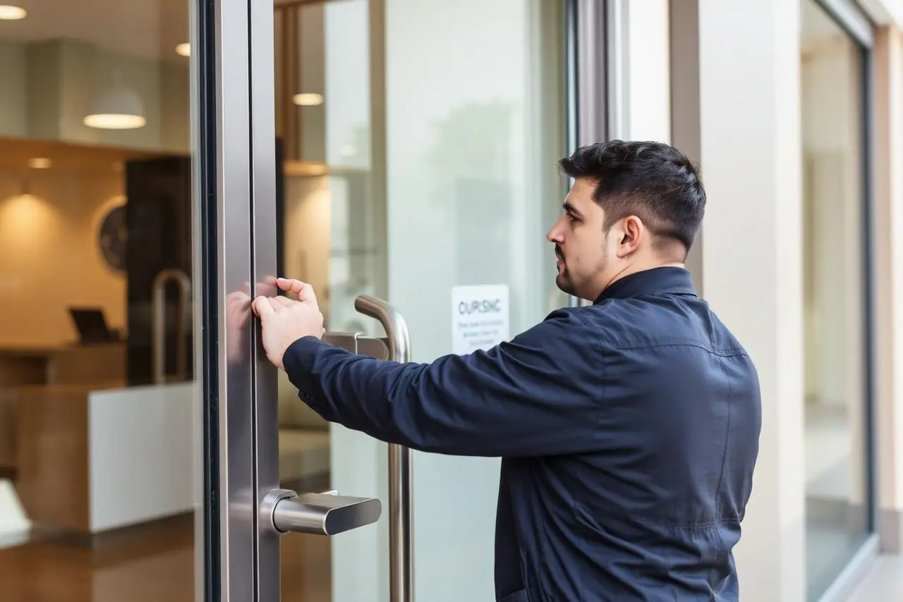 Commercial locksmith servicing a storefront door lock in Davie FL