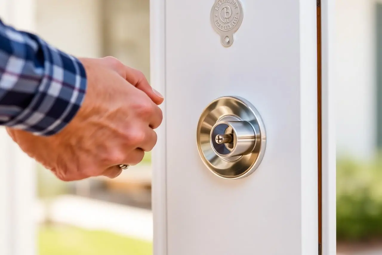 Mobile locksmith installing a deadbolt on a house door in Davie FL